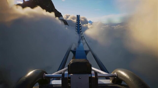 POV of a high-speed roller coaster track plunging through thick white clouds over mountains under a blue sky. Epic cinematic amusement park thrill.