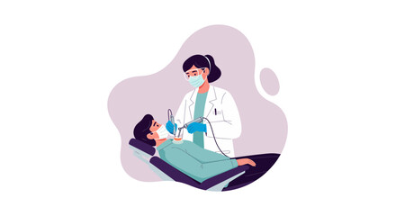 Dentist Wearing Mask Treating Patient In Dental Clinic.