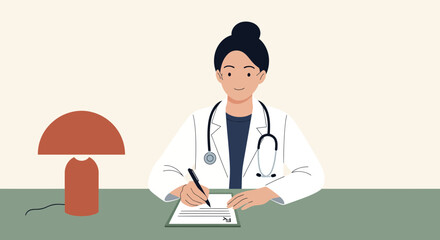 Female Doctor Writing Notes At Desk With Stethoscope.