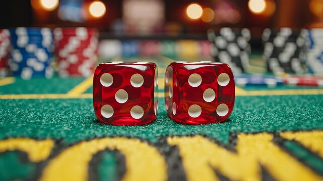 Red dice on casino craps table