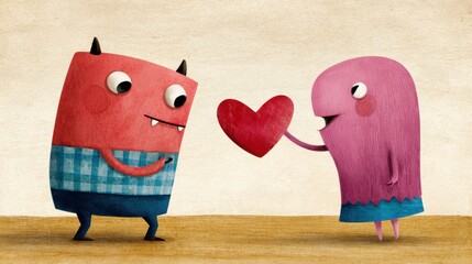 Two cartoon monsters share a red heart; one offers it to the other on a simple beige ground, under soft light!
