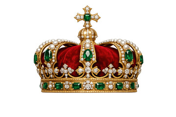 Golden crown symbolizing royalty, power, and luxury, adorned with emeralds, pearls, and diamonds on transparent background
