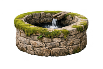 Ancient mossy stone well with cascading water fountain, representing nature, tradition, and a rustic garden feature