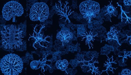 Various depictions of microscopic biological structures displayed in a dark blue illuminated pattern