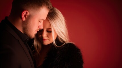 A couple stands close, sharing an intimate moment, warm lighting caresses their faces against a red backdrop.!