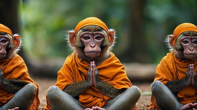 A peaceful portrayal of three monkeys dressed as monks, meditating in a serene forest setting