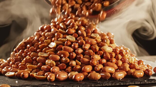 Peanuts pouring from red bowl
