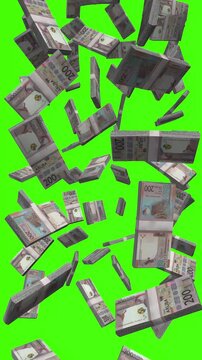 Vertical Aruban Florin bills falling on chromakey, AWG cash rain