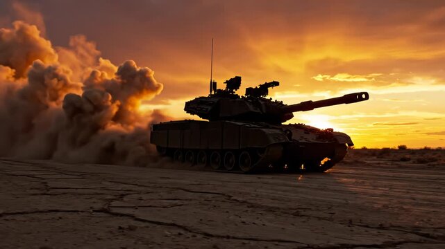 Military tank in desert at sunset