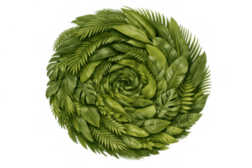 Lush green tropical leaves swirling into a vibrant spiral pattern, forming an abstract nature vortex with transparent background