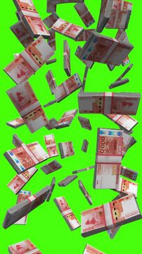Vertical CFP Franc bills falling on chromakey, XPF finance animation