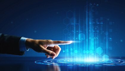 Businessman Touching Futuristic Holographic Data Interface with Digital Analytics.