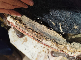 A close-up view shows a person's hand touching the aged, deconstructed upholstery of an antique furniture piece, revealing its internal padding and dark fibrous stuffing.