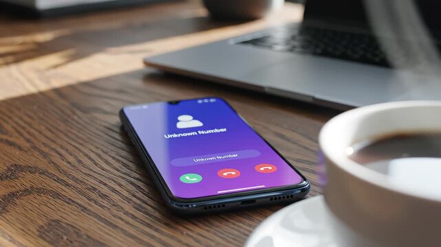 Phone with incoming call on wooden table