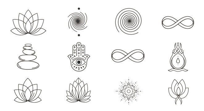 Set of twelve black and white spiritual and meditation symbols icons.
