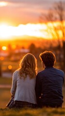 Two people sit on a grassy hill at sunset, holding each other, warm light, blurred city skyline in distance..