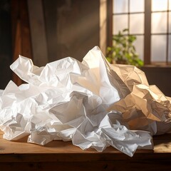 Pile of Crumpled Paper on Wooden Table by Window.