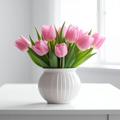Pink Tulips in White Vase on Tabletop Still Life.