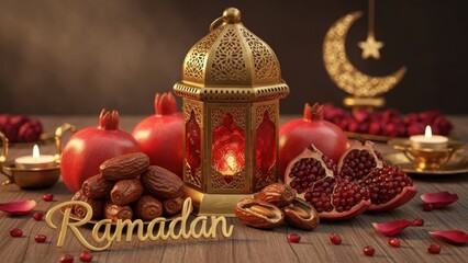 Ramadan celebration with lanterns and fruits isolated on transparent background