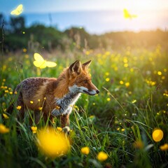 Red Fox in a Meadow with Yellow Flowers and Butterflies at Sunset.