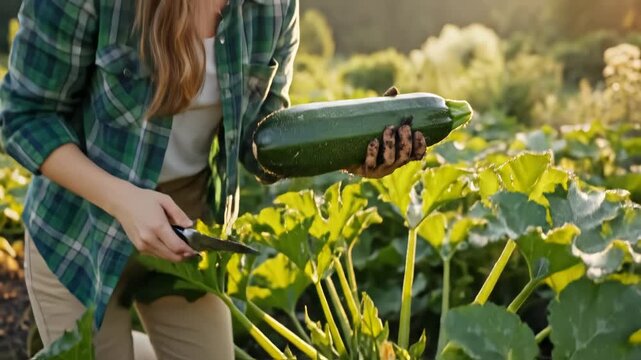Woman harvesting zucchini in garden