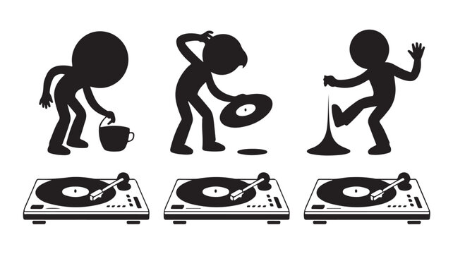 DJ Accidents with Turntables and Vinyl Records in Humorous Clumsy Destructive Cartoon Silhouette Black and White Graphic Vector Illustration for Music Mishaps and Technical Difficulties.