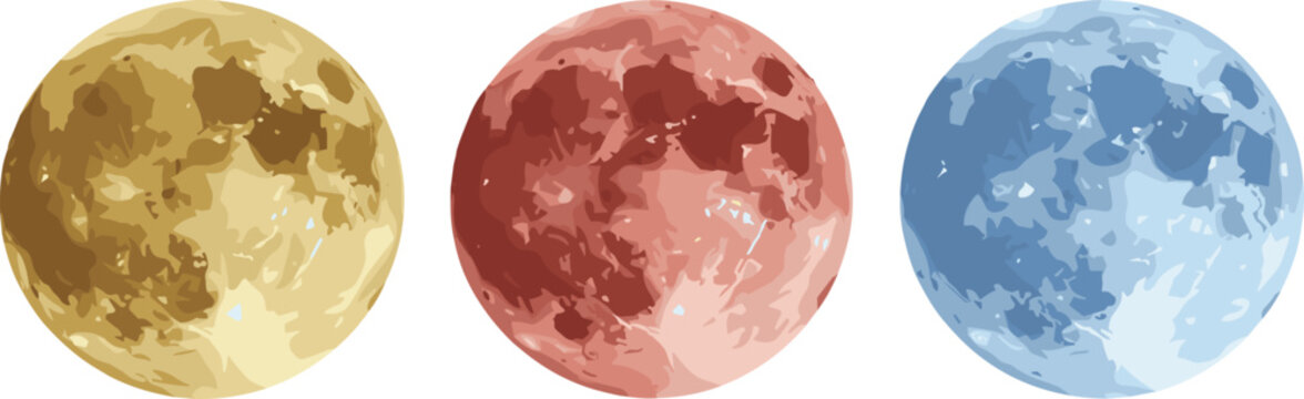 Vector Illustration of Three Full Moons in Yellow Red and Blue Colors with Detailed Surface Texture and CratersVector Illustration of Three Full Moons in Yellow Red and Blue Colors with Detailed Surfa