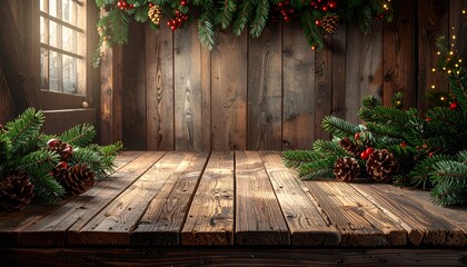 Rustic Christmas Scene with Wooden Table and Festive Decorations.