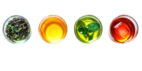 Green tea black tea herbal tea and iced tea top down view of four on transparent background