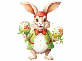 Charming watercolor illustration of a cheerful Easter bunny dressed in festive spring attire, holding beautifully decorated floral eggs, isolated on a white background for seasonal and holiday designs