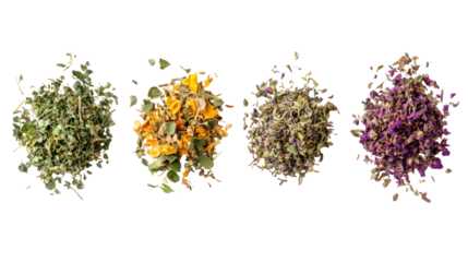 Four piles of dried herbs and flowers isolated on transparent background