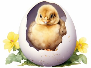 Charming illustration of a fluffy yellow chick hatching from an egg with spring flowers, isolated on white, perfect for Easter and baby animal themes.
