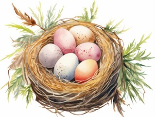 Delicate watercolor illustration of a bird nest filled with pastel-colored eggs, surrounded by soft greenery, isolated on white for Easter and spring designs.