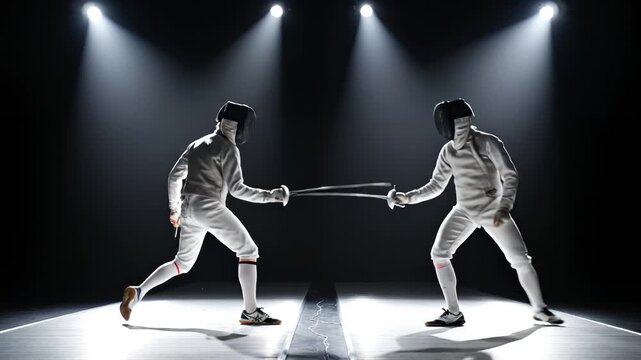 Two fencers in white gear on stage