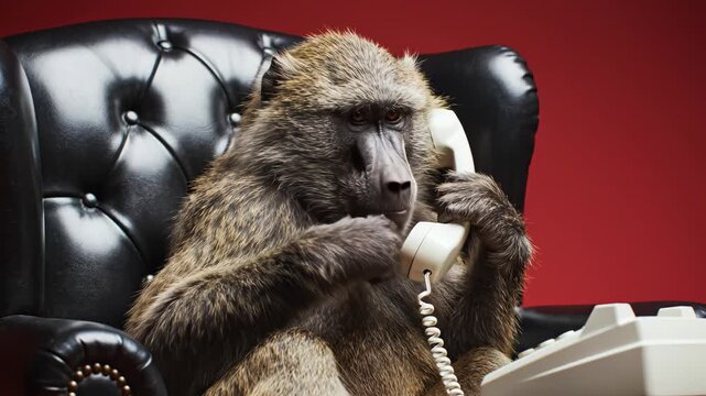 Monkey on phone in leather chair