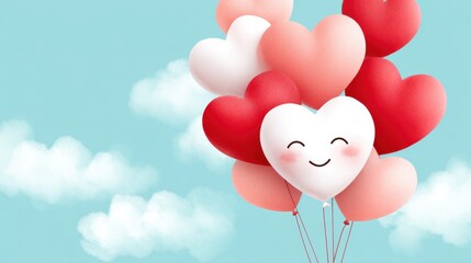 Bright blue sky with fluffy clouds and a cluster of pastel heart balloons floating gracefully with warm light