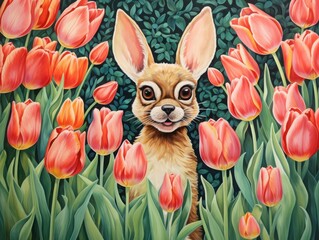 Whimsical illustration of a cute rabbit standing among blooming pink tulips, creating a cheerful spring garden scene with a playful mood.