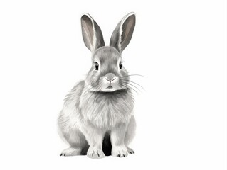 Soft grayscale illustration of a cute rabbit sitting calmly, isolated on white background with gentle texture and a minimal, elegant style.