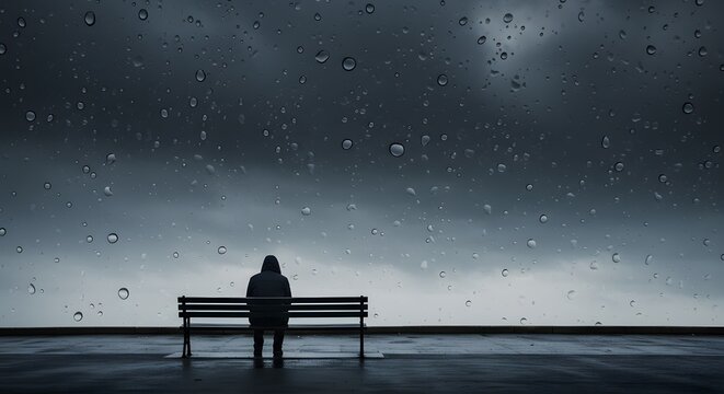 Isolated Person Sitting on a Bench by the Water During a Downpour