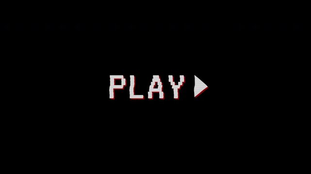 Retro VHS Play Tape Overlay with Distorted Analog Signal Glitch on Black Background, 4K Alpha Channel