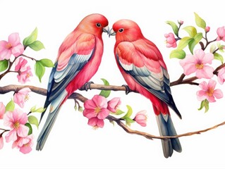 Soft watercolor illustration of two pink lovebirds facing each other on a flowering branch, expressing romance, harmony, and gentle spring nature.