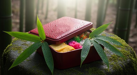 Bento Box Lunch in Bamboo Forest, Natural Outdoor Picnic Meal