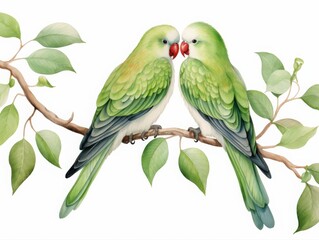 Fresh watercolor illustration of two green lovebirds facing each other on a leafy branch, symbolizing harmony, love, and peaceful natural beauty.