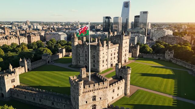 Aerial view of a historic castle in a city