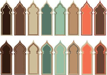 Vector Set of 16 Islamic Arch Window Frames in Various Colors and Traditional Shapes for Ramadan Kareem and Middle Eastern Design ConceptsVector Set of 16 Islamic Arch Window Frames in Various Colors 