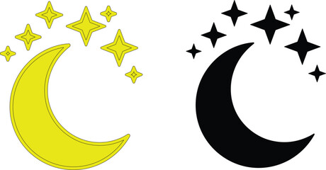 Obraz premium Vector Set of Crescent Moon and Stars Illustration in Solid Yellow and Black Outlined Styles for Night Sky and Islamic ConceptsVector Set of Crescent Moon and Stars Illustration in Solid Yellow and Bl