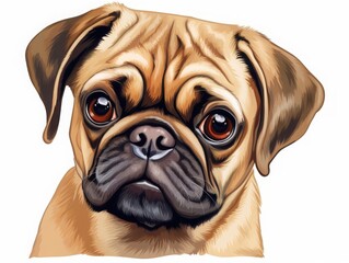 Close-up digital illustration of a cute pug dog face with big expressive eyes, isolated on white, ideal for pet and design searches