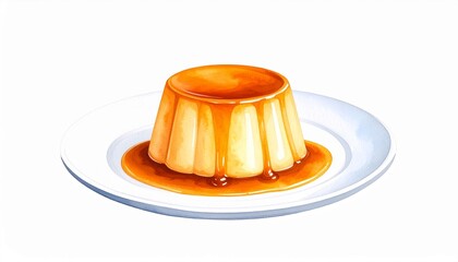 白い皿に盛られたクラシックプリンを描いた、水彩画風イラスト。カラメルの艶感が印象的な、懐かしくやさしいスイーツイメージ素材。