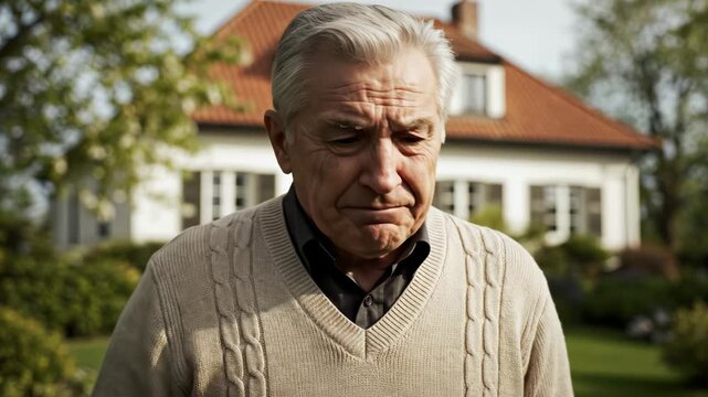 Elderly man coughing outdoors
