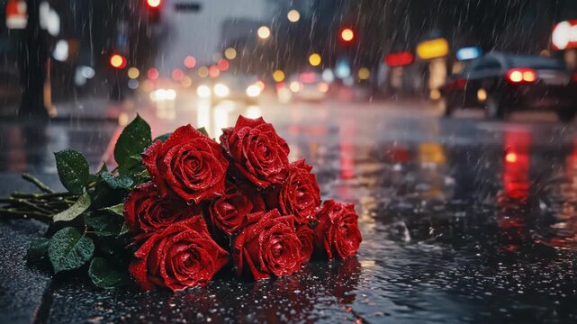 A bouquet of red roses lies on a wet street at night during a rainstorm with blurred city lights in the background creating a romantic and melancholic atmosphere